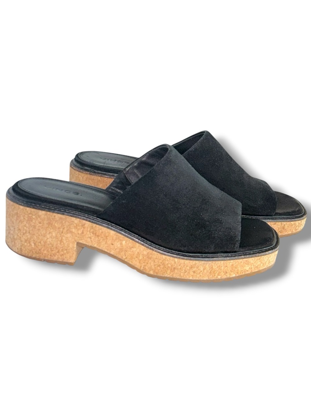 Vince Maddy-B Black Suede Cork Platform Slide Sandals Size 8.5 - Picture 2 of 14